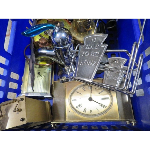 103 - A TRAY OF ASSORTED METALWARE ETC TO INCLUDE CAST METAL CANDLESTICKS, CARRIAGE CLOCKS ETC