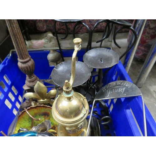 103 - A TRAY OF ASSORTED METALWARE ETC TO INCLUDE CAST METAL CANDLESTICKS, CARRIAGE CLOCKS ETC