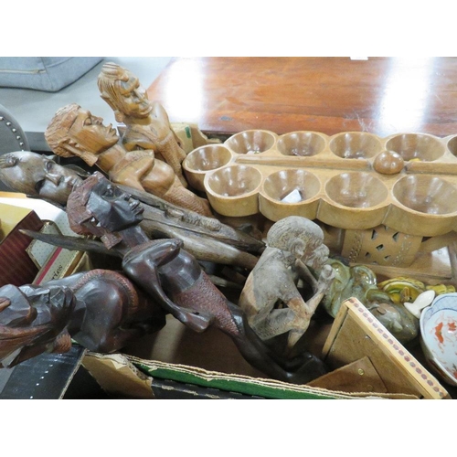 109 - TWO TRAYS OF ASSORTED TREEN AND CARVED TRIBAL FIGURES ETC  TO INC WALL MASK, AFRICAN MARBLE GAME ETC... 