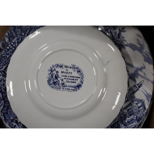 122 - TWO TRAYS OF MYOTT 'THE HUNTER' BLUE AND WHITE TEA AND DINNERWARE TOGETHER WITH OTHER BLUE AND WHITE... 