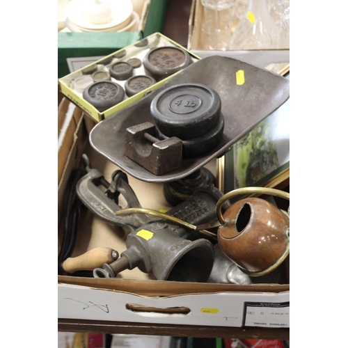 123 - THREE TRAYS OF ASSORTED COLLECTABLES ETC TO INC ART NOUVEAU COPPER CRUMB TRAY, SCALES AND WEIGHTS, D... 