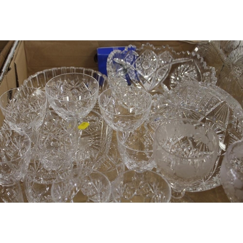 127 - THREE TRAYS OF ASSORTED CUT GLASS, CRYSTAL ETC