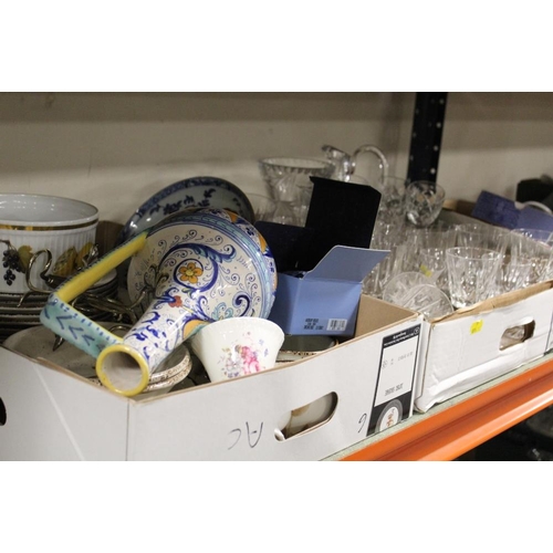 148 - THREE TRAYS OF ASSORTED CERAMICS AND GLASSWARE TO INCLUDE ORIENTAL AND WEDGWOOD EXAMPLES