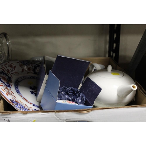 148 - THREE TRAYS OF ASSORTED CERAMICS AND GLASSWARE TO INCLUDE ORIENTAL AND WEDGWOOD EXAMPLES