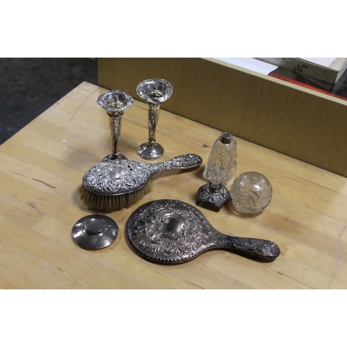 206 - A SELECTION OF HALLMARKED SILVER DRESSING TABLE ITEMS ETC TO INCLUDE A PAIR OF VASES - ALL A/F