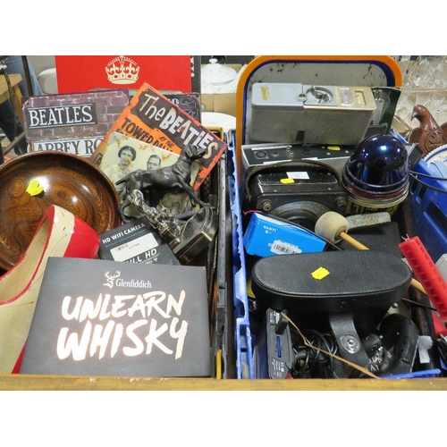 76 - TWO TRAYS OF ASSORTED COLLECTABLES, TO INCLUDE GUITAR TUNER, TINPLATE SIGNS,, A UNIVERSAL AVOMETER E... 