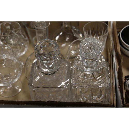 86 - TWO TRAYS OF ASSORTED GLASSWARE TO INCLUDE DECANTERS, WINE GLASSES ETC