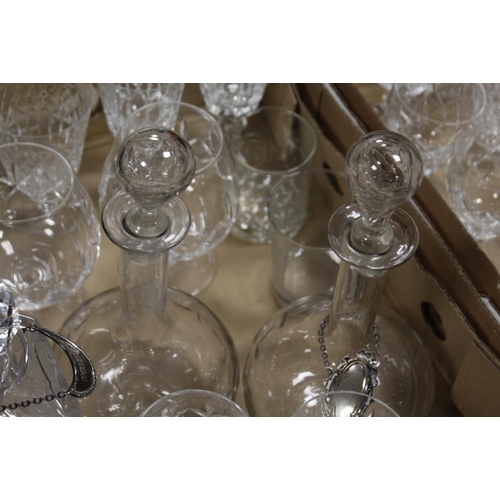 86 - TWO TRAYS OF ASSORTED GLASSWARE TO INCLUDE DECANTERS, WINE GLASSES ETC