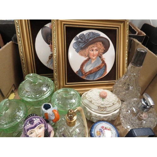 98 - A TRAY OF ASSORTED GLASS AND COLLECTABLES TO INCLUDE FACEPOTS, LIMOGES, VARIOUS CERAMIC PILL BOXES E... 