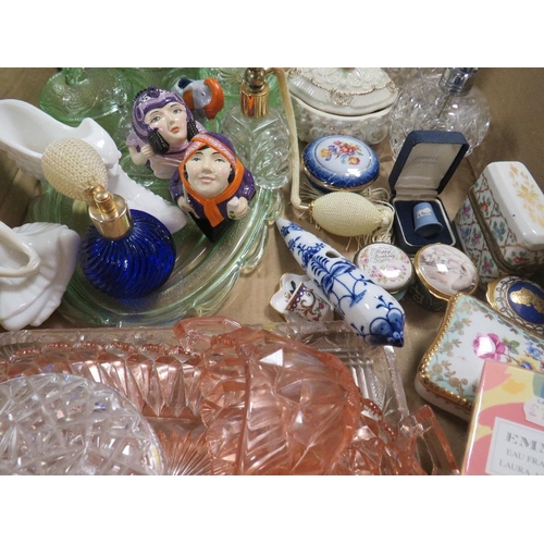 98 - A TRAY OF ASSORTED GLASS AND COLLECTABLES TO INCLUDE FACEPOTS, LIMOGES, VARIOUS CERAMIC PILL BOXES E... 