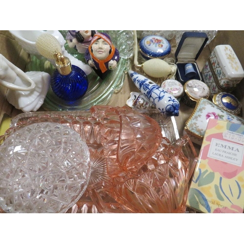 98 - A TRAY OF ASSORTED GLASS AND COLLECTABLES TO INCLUDE FACEPOTS, LIMOGES, VARIOUS CERAMIC PILL BOXES E... 