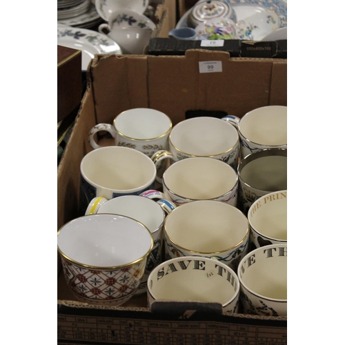 99 - TWO TRAYS OF ASSORTED CERAMIC CUPS, MUGS ETC TO INCLUDE A SPODE LIMITED EDITION PRINCE WILLIAM OF WA... 