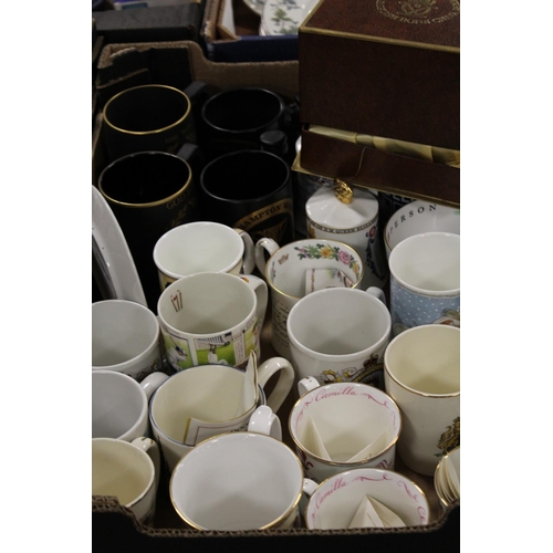 99 - TWO TRAYS OF ASSORTED CERAMIC CUPS, MUGS ETC TO INCLUDE A SPODE LIMITED EDITION PRINCE WILLIAM OF WA... 