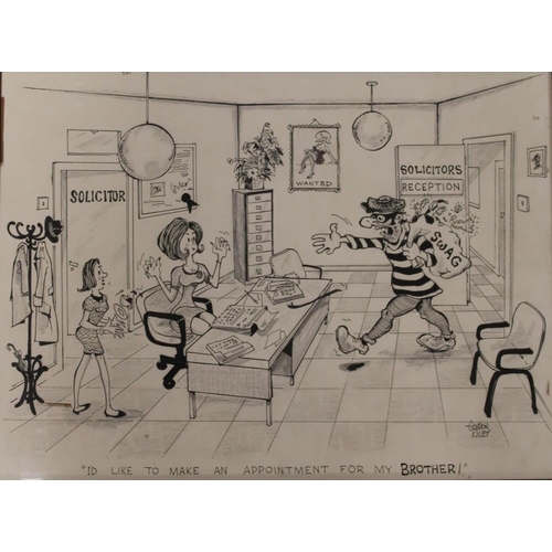 14 - GORDON RILEY (XX). A set of four humorous legal cartoon sketches, signed, framed and glazed, 30 x 40... 