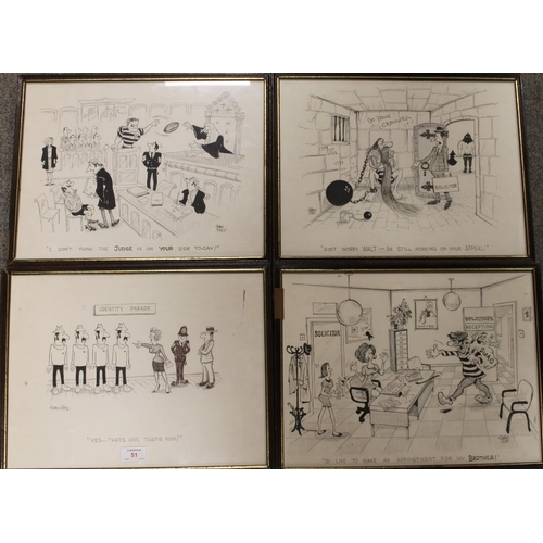 14 - GORDON RILEY (XX). A set of four humorous legal cartoon sketches, signed, framed and glazed, 30 x 40... 