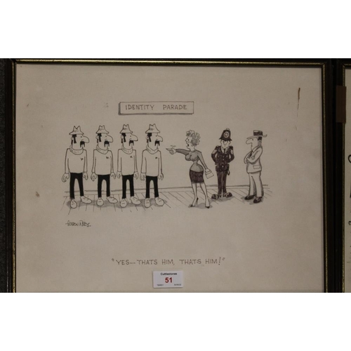 14 - GORDON RILEY (XX). A set of four humorous legal cartoon sketches, signed, framed and glazed, 30 x 40... 