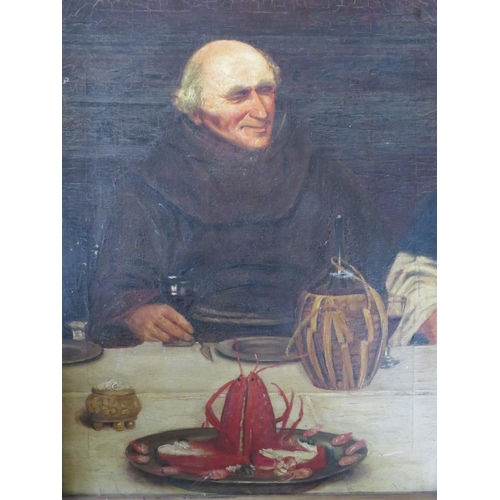 23 - (XIX). British school, study of a monk at a dining table, unsigned, oil on canvas, framed, 41 x 31 c... 