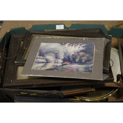 1 - A TRAY OF ASSORTED VINTAGE FRAMED PRINTS AND PHOTOGRAPHS ETC