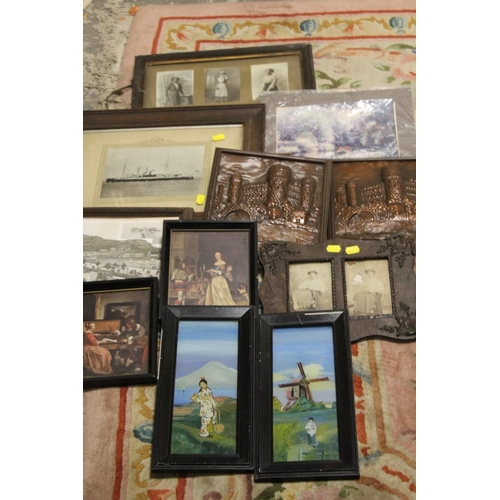 1 - A TRAY OF ASSORTED VINTAGE FRAMED PRINTS AND PHOTOGRAPHS ETC