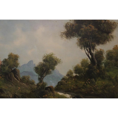 29 - A GILT FRAMED OIL ON CANVAS MOUNTAINOUS LANDSCAPE SIGNED HANNAH LOWER RIGHT TOGETHER WITH A LARGE GI... 