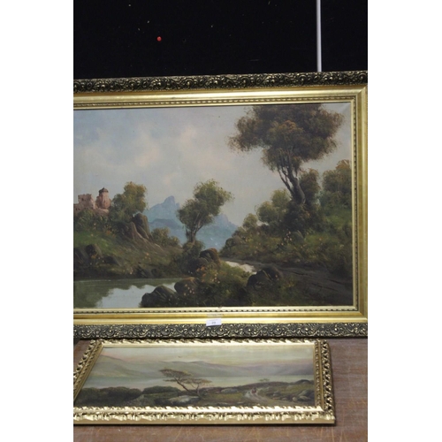 29 - A GILT FRAMED OIL ON CANVAS MOUNTAINOUS LANDSCAPE SIGNED HANNAH LOWER RIGHT TOGETHER WITH A LARGE GI... 