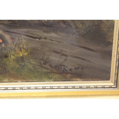 29 - A GILT FRAMED OIL ON CANVAS MOUNTAINOUS LANDSCAPE SIGNED HANNAH LOWER RIGHT TOGETHER WITH A LARGE GI... 