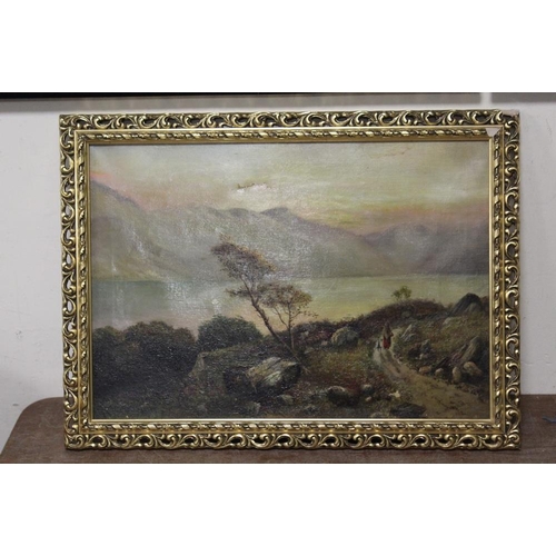 29 - A GILT FRAMED OIL ON CANVAS MOUNTAINOUS LANDSCAPE SIGNED HANNAH LOWER RIGHT TOGETHER WITH A LARGE GI... 