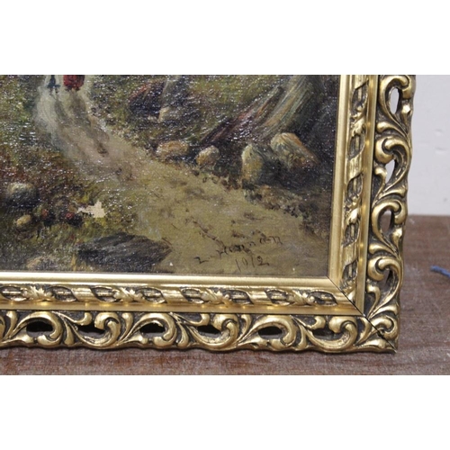 29 - A GILT FRAMED OIL ON CANVAS MOUNTAINOUS LANDSCAPE SIGNED HANNAH LOWER RIGHT TOGETHER WITH A LARGE GI... 