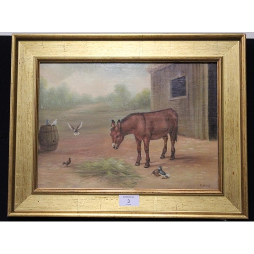 3 - A GILT FRAMED OIL ON CANVAS DEPICTING A DONKEY SIGNED LOWER RIGHT E. HUNT