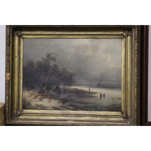 4 - A LARGE GILT FRAMED OIL ON CANVAS OF FIGURES ON ICE INDISTINCTLY SIGNED LOWER LEFT