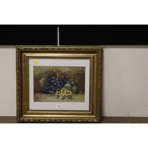 40 - A GILT FRAMED AND GLAZED OIL ON BOARD STILL LIFE STUDY OF FRUIT AND FLOWERS, INDISTINCTLY SIGNED LOW... 