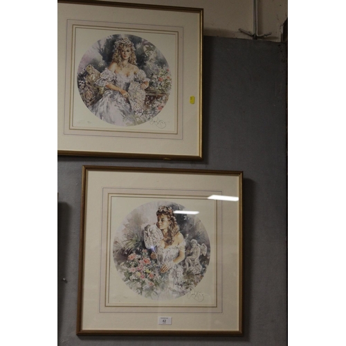 42 - TWO FRAMED AND GLAZED SIGNED LIMITED EDITION PRINTS OF BRIDAL FIGURES BY GORDON KING  - BOTH HAVING ... 