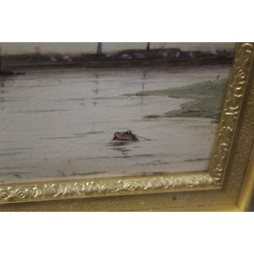 44 - A FRAMED AND GLAZED WATERCOLOUR OF AN INDUSTRIAL RIVER HARBOUR SCENE SIGNED LOWER RIGHT BARTRAM HILE... 