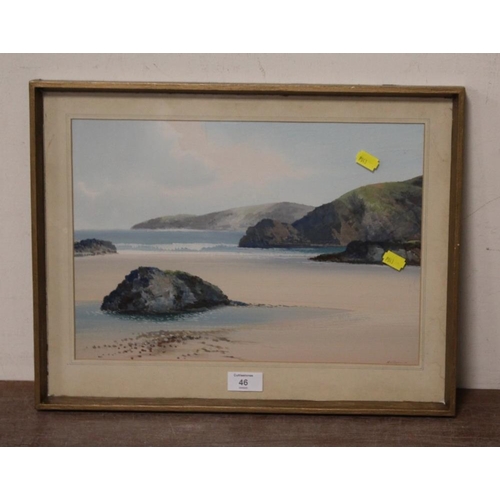 46 - A FRAMED AND GLAZED WATERCOLOUR AND GOUACHE OF A BEACH SCENE SIGHED R D SHERRIN ;