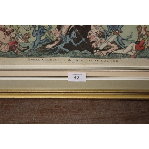 48 - A FRAMED AND GLAZED  VINTAGE PRINT OF A SATIRICAL POLITICAL STUDY