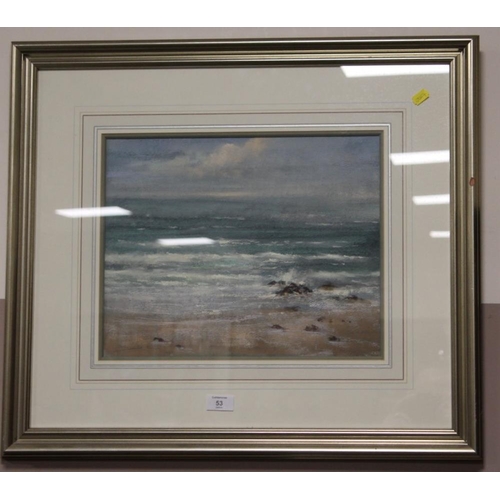 53 - A FRAMED AND GLAZED MIXED MEDIA BEACH SCENE INDISTINCTLY SIGNED LOWER LEFT