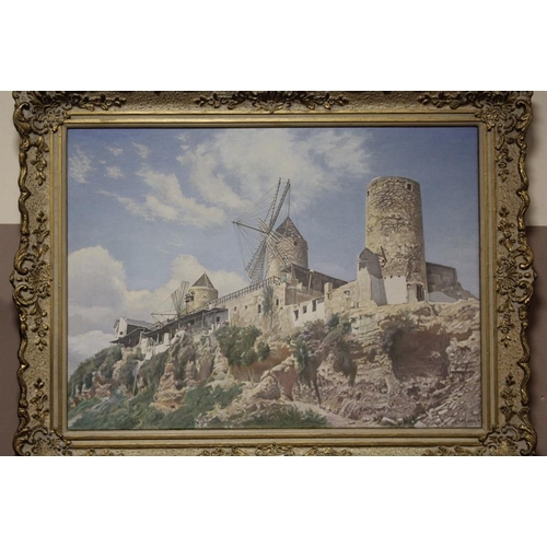 56 - AN ORNATE GILT FRAMED OIL ON CANVAS OF A CONTINENTAL WINDMILL SCENE SIGNED S.E. WHARTON