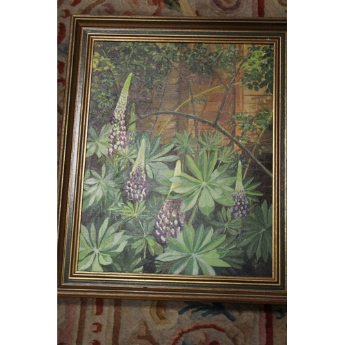 57 - A FRAMED AND GLAZED RUSSELL FLINT PRINT TOGETHER WITH A FRAMED OIL ON BOARD ON LUPINS IN THE GARDEN ... 