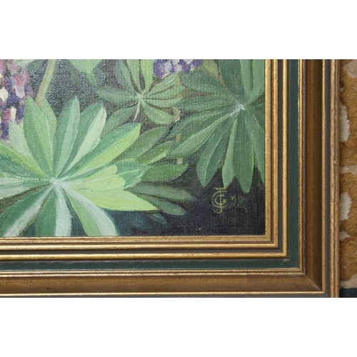 57 - A FRAMED AND GLAZED RUSSELL FLINT PRINT TOGETHER WITH A FRAMED OIL ON BOARD ON LUPINS IN THE GARDEN ... 