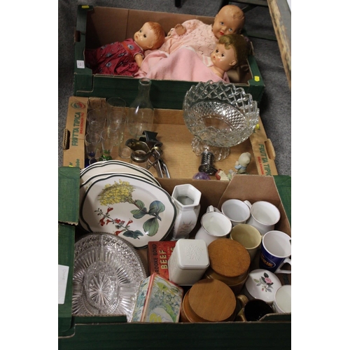 119 - THREE TRAYS OF ASSORTED SUNDRIES TO INCLUDE THREE VINTAGE DOLLS, CERAMICS, GLASS ETC