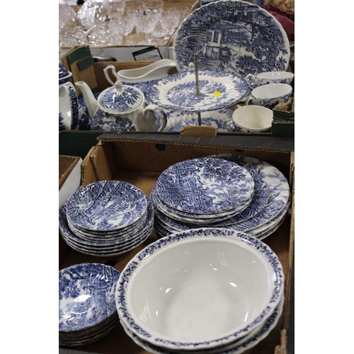 122 - TWO TRAYS OF MYOTT 'THE HUNTER' BLUE AND WHITE TEA AND DINNERWARE TOGETHER WITH OTHER BLUE AND WHITE... 