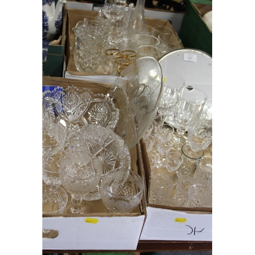 127 - THREE TRAYS OF ASSORTED CUT GLASS, CRYSTAL ETC