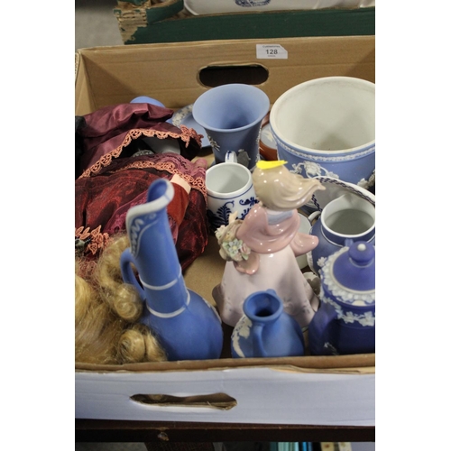 128 - A TRAY OF ASSORTED SUNDRIES TO INCLUDE A SMALL WEDGWOOD BLUE AND WHITE PLANTER, CERAMIC HEADED DOLL ... 