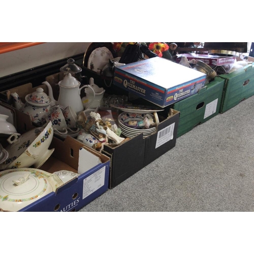 137 - FOUR TRAYS OF ASSORTED CERAMICS AND SUNDRIES TO INCLUDE A CERAMIC SHIRE HORSE WITH CART