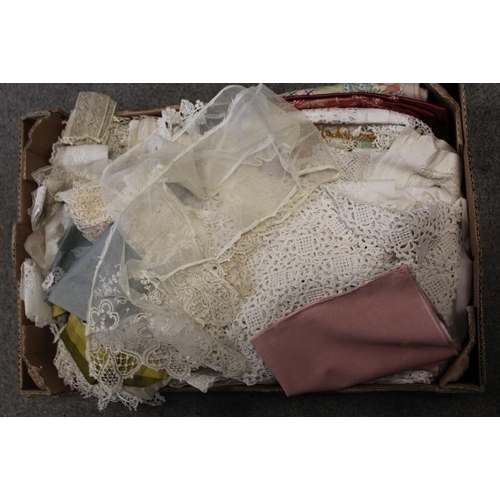 144 - A TRAY OF ASSORTED FABRICS ETC TO INCLUDE LACE