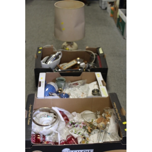 146 - THREE TRAYS OF ASSORTED CERAMICS AND GLASS ETC TO INCLUDE A COUNTRY ARTISTS MODEL OF A KESTREL