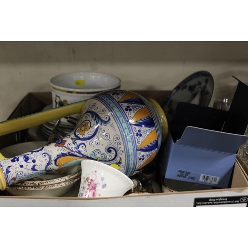 148 - THREE TRAYS OF ASSORTED CERAMICS AND GLASSWARE TO INCLUDE ORIENTAL AND WEDGWOOD EXAMPLES