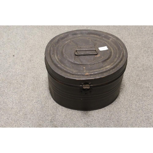 150 - A METAL HAT BOX CONTAINING A CHRISTYS OF LONDON TOP HAT PLUS A HOMBURG TYPE TRILBY