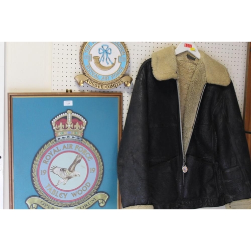 154 - A VINTAGE FLYING JACKET TOGETHER WITH AN RAF ROYAL SQUADRON PLAQUE PLUS ANOTHER (3)