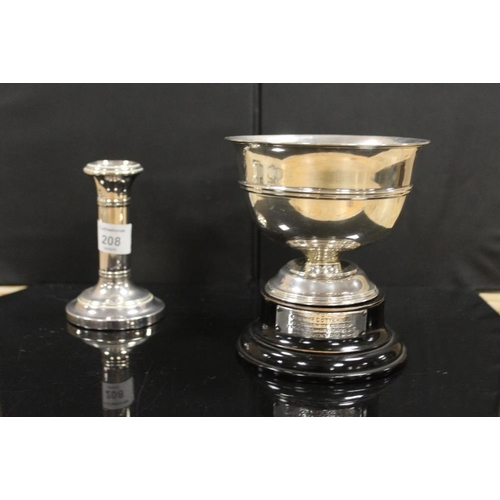 208 - A HALLMARKED SILVER CANDLESTICK TOGETHER WITH A SMALL TROPHY BOWL ON STAND (2)